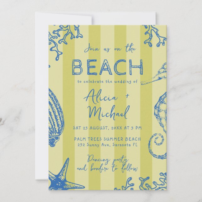 Convites Whimsical hand drawn nautical coastal wedding  (Frente)
