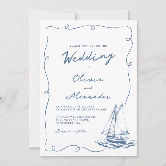 Convites Whimsical Hand Drawn Nautical Sailboat Wedding (Frente)