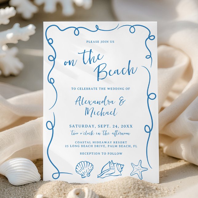 Convites Whimsical Hand Drawn On the Beach Wedding (Criador carregado)