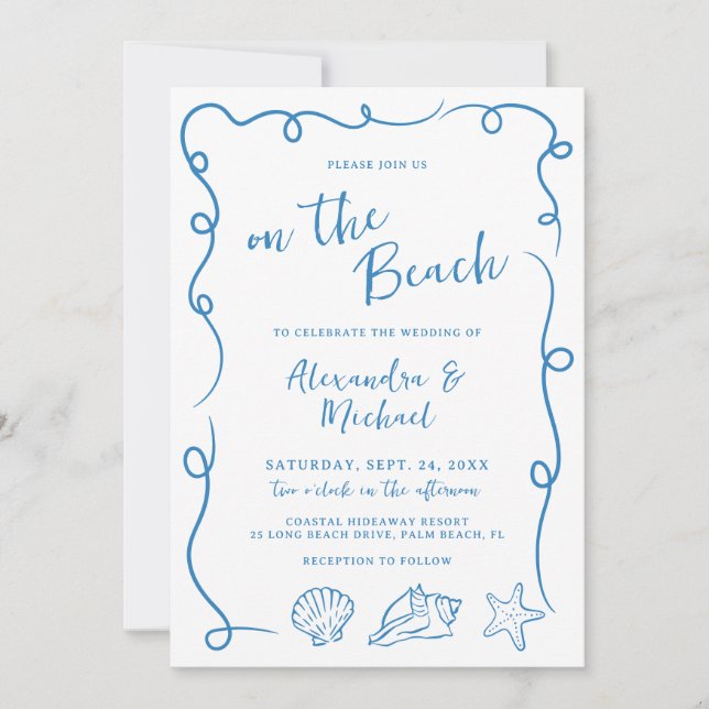 Convites Whimsical Hand Drawn On the Beach Wedding (Frente)