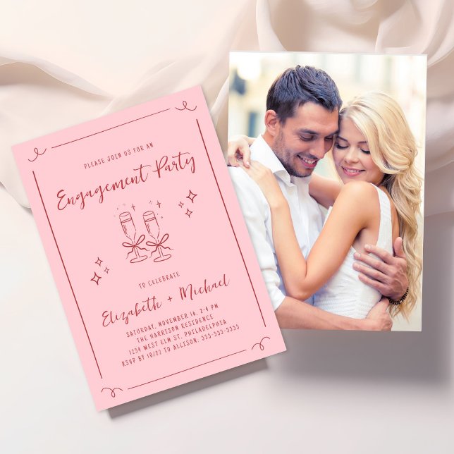 Convites Whimsical Hand Drawn Pink Red Engagement Party (Criador carregado)