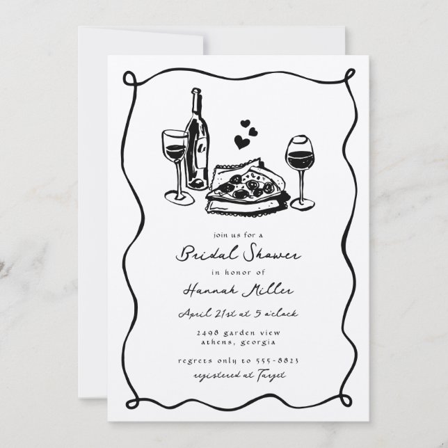 Convites Whimsical Hand Drawn Pizza Wine Bridal Shower (Frente)