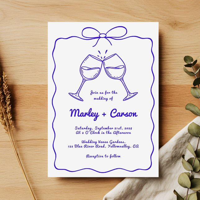 Convites Whimsical Hand Drawn Quirky Royal Blue Wedding (Criador carregado)