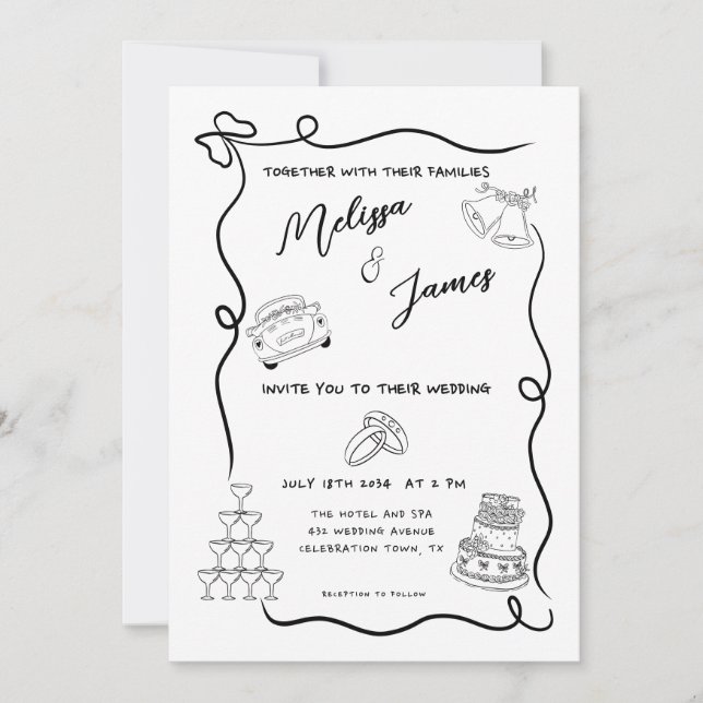 Convites Whimsical Hand Drawn Quirky Wedding (Frente)