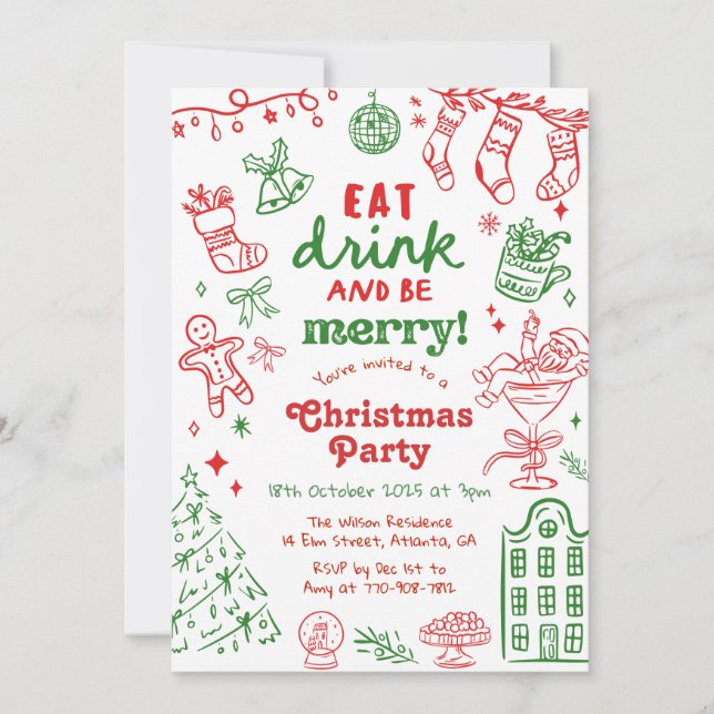Convites Whimsical Hand Drawn Red and Green Christmas Party (Frente)