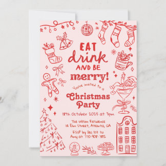 Convites Whimsical Hand Drawn Red and Pink Christmas Party