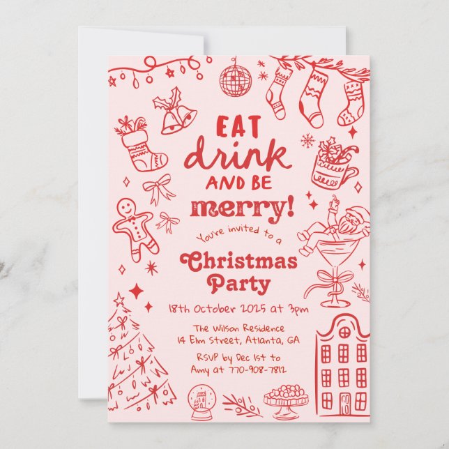 Convites Whimsical Hand Drawn Red and Pink Christmas Party (Frente)