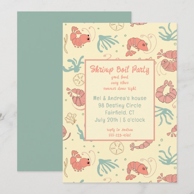 Convites Whimsical Hand Drawn Shrimp Summer Party (Frente/Verso)