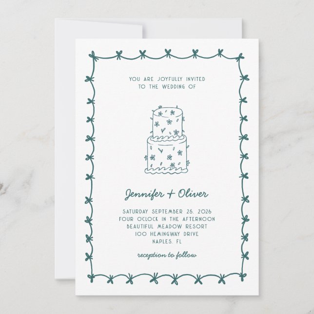 Convites Whimsical Hand Drawn Wedding Cake Teal (Frente)