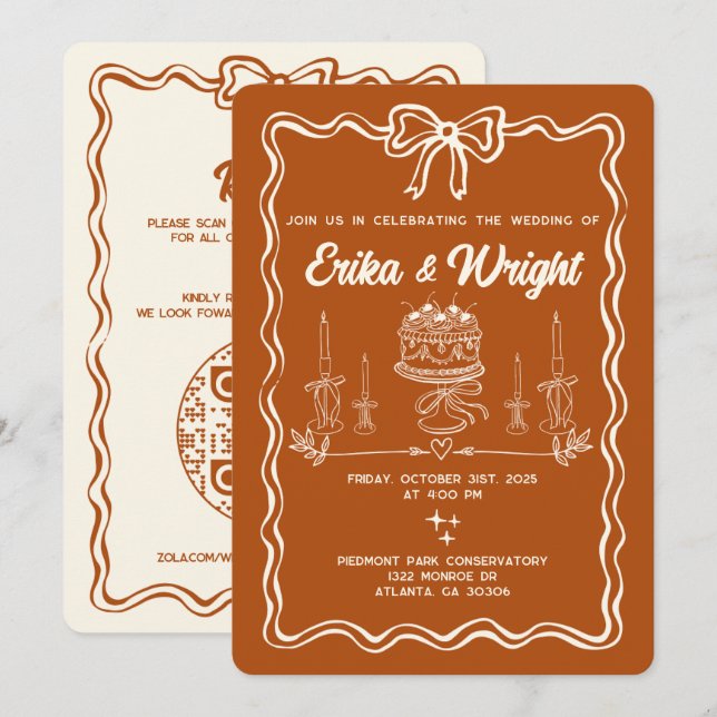 Convites Whimsical Hand Drawn Wedding Invitation Cute Bows (Frente/Verso)