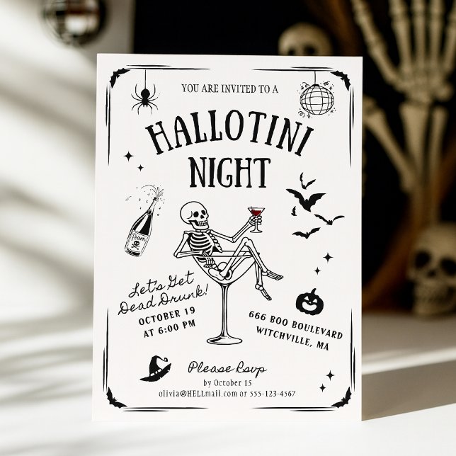 Convites Whimsical Handwritten Skeleton Martini Halloween  (Criador carregado)