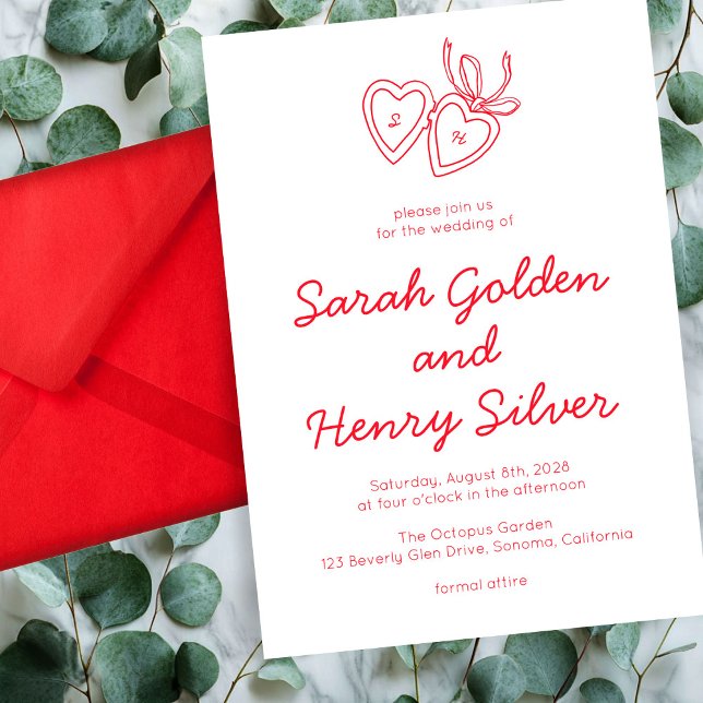 Convites Whimsical Heart Locket Doodle Sketch Modern CUSTOM (Whimsical Heart Locket Doodle Sketch Modern CUSTOM Invitation Red White)