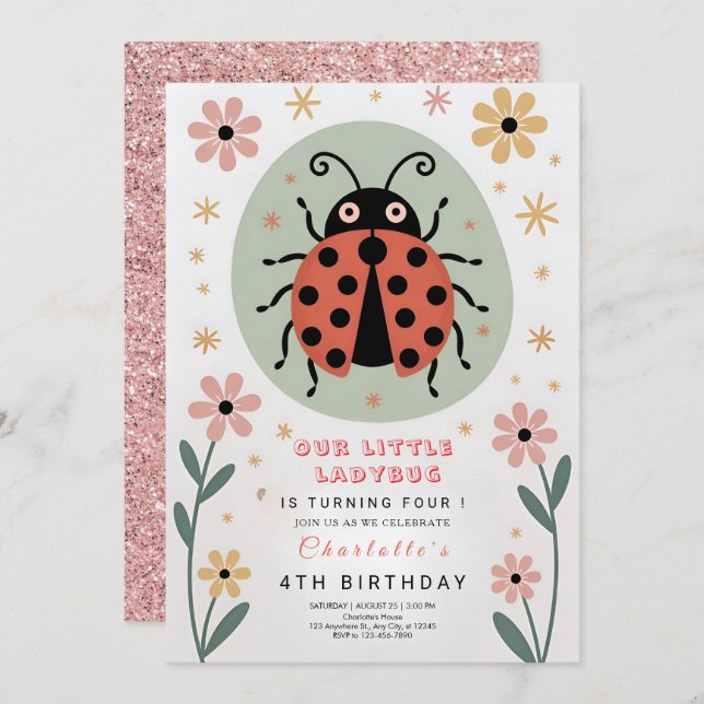 Convites Whimsical Ladybug Birthday (Frente/Verso)