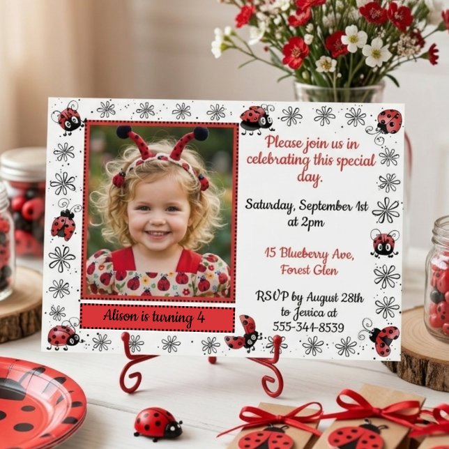 Convites Whimsical Ladybug Photo Birthday Invitation (Criador carregado)