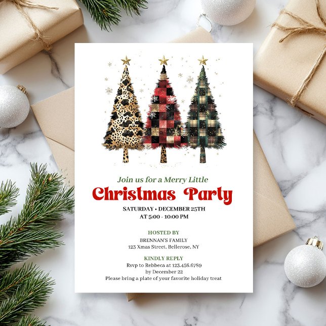 Convites Whimsical leopard and plaid Christmas tree invite (Whimsical leopard and plaid Christmas tree invite)