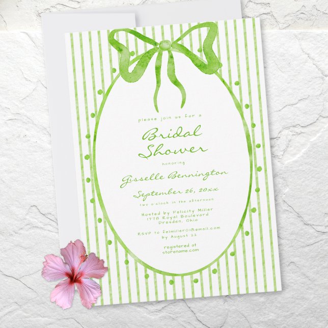 Convites Whimsical Lime Watercolor Bow Stripe Bridal Shower (Whimsical Lime Watercolor Bow Stripe Bridal Shower Invitation)