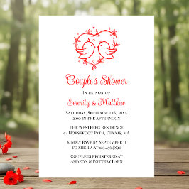 Convites Whimsical Lovebirds Boho Red Heart Bridal Shower