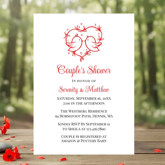 Convites Whimsical Lovebirds Boho Red Heart Bridal Shower (Criador carregado)