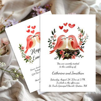 Convites Whimsical Lovebirds Pink Hearts Wedding |