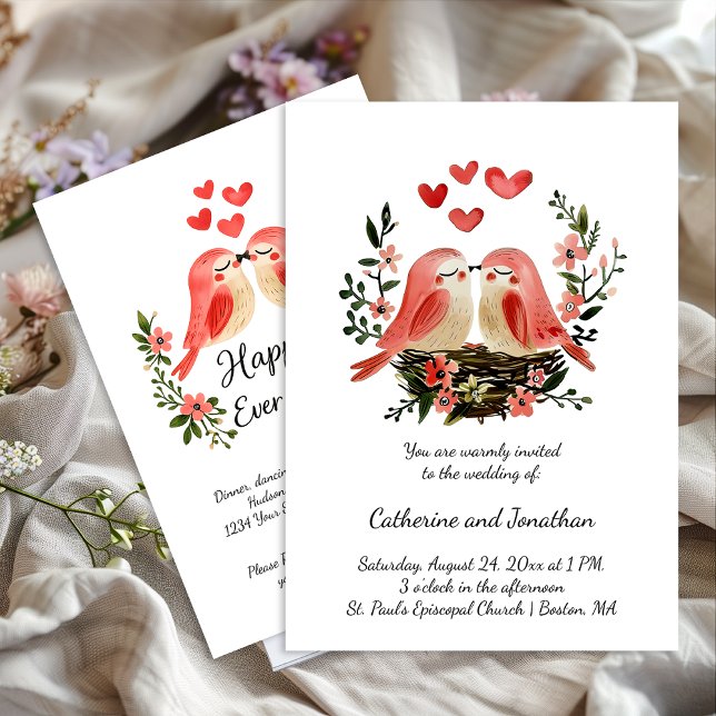 Convites Whimsical Lovebirds Pink Hearts Wedding | (Criador carregado)