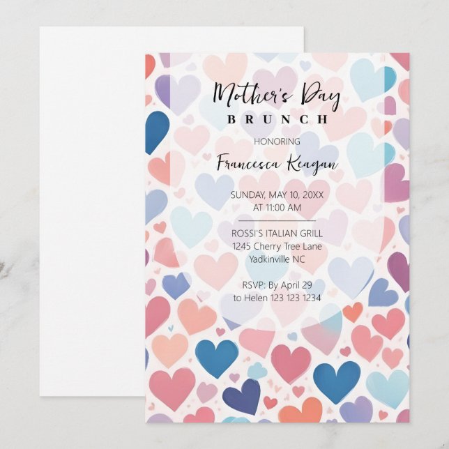 Convites Whimsical Multicolored Hearts Mothers Day Party (Frente/Verso)