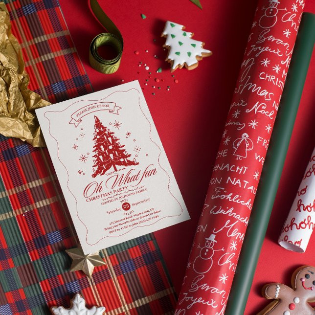 Convites Whimsical Oh What Fun Christmas Tree Red Beige  (Whimsical Oh What Fun Christmas Tree Red Beige Invitation hand drawing stars tree red calligraphy )