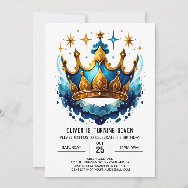 Convites Whimsical Online Prince Crown Aniversário (Frente)