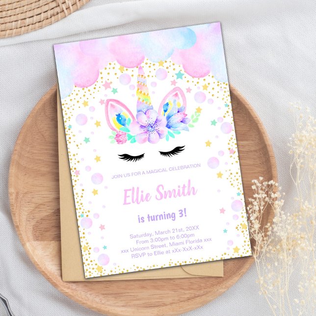 Convites Whimsical Pastel Fantasy Party Card for Girls (Purple Pink cloud Unicorn Invitations)
