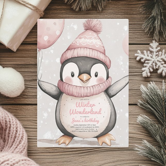 Convites Whimsical Penguin Birthday | Vintage Pink (Criador carregado)