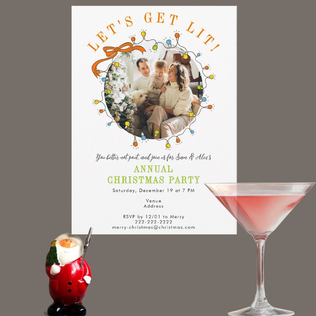 Convites Whimsical Photo Let's Get Lit Christmas Party (Whimsical Let's Get Lit Christmas cozy holiday gathering open house festive “Mr. & Mrs” Dinner Party)