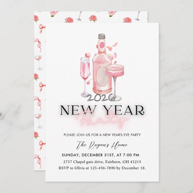 Convites Whimsical Pink 2026 New Year Party (Frente/Verso)