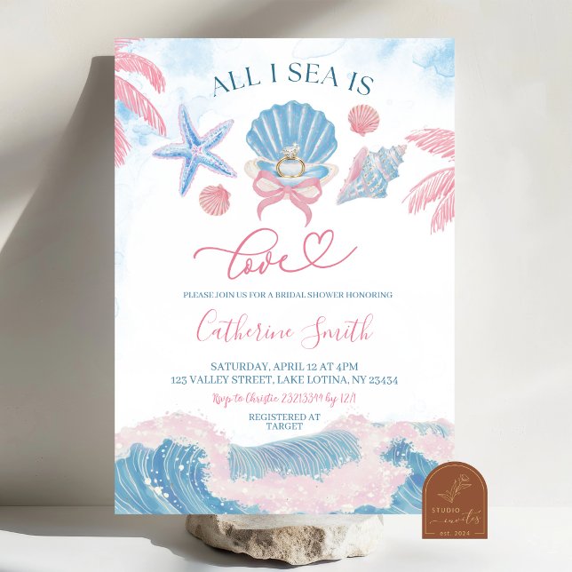 Convites Whimsical Pink Blue All I Sea is Love Bridal showe (Criador carregado)