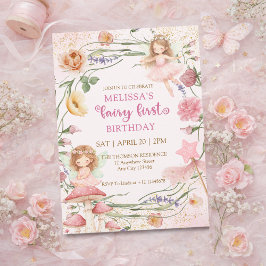 Convites Whimsical Pink Floral Fairy First Garden Birthday 