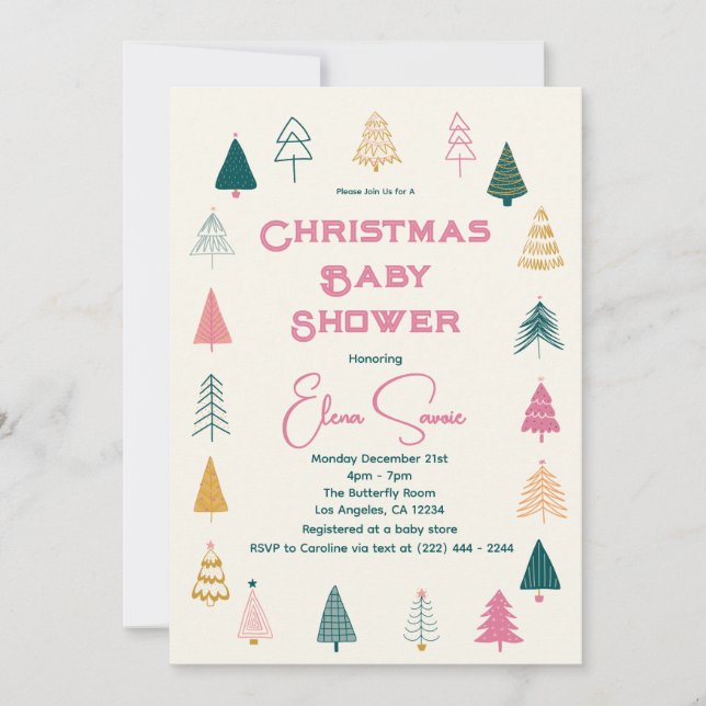 Convites Whimsical Pink & Green Christmas Tree Baby Shower (Frente)