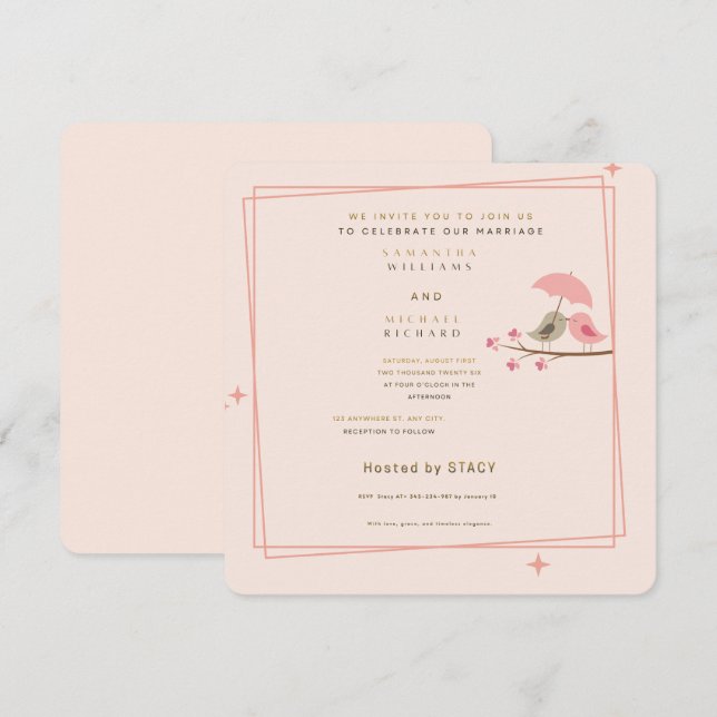 Convites Whimsical Pink Lovebirds Wedding Invitation (Frente/Verso)