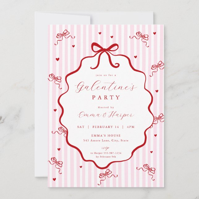 Convites Whimsical Pink Red Bow Heart Galentine's Party (Frente)