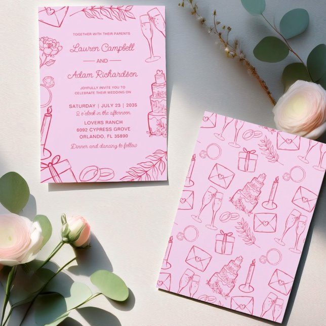 Convites Whimsical Pink & Red Hand-Drawn Wedding (Criador carregado)