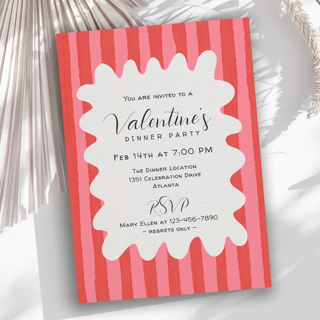 Convites Whimsical Pink Red Wavy Frame Valentines Dinner (Available in both printed and instant download digital formats.)