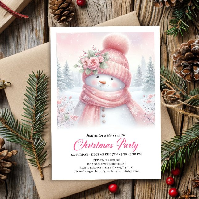 Convites Whimsical Pink Snowman Digital Christmas Invite  (Whimsical Pink Snowman Digital Christmas Invite for Kids)