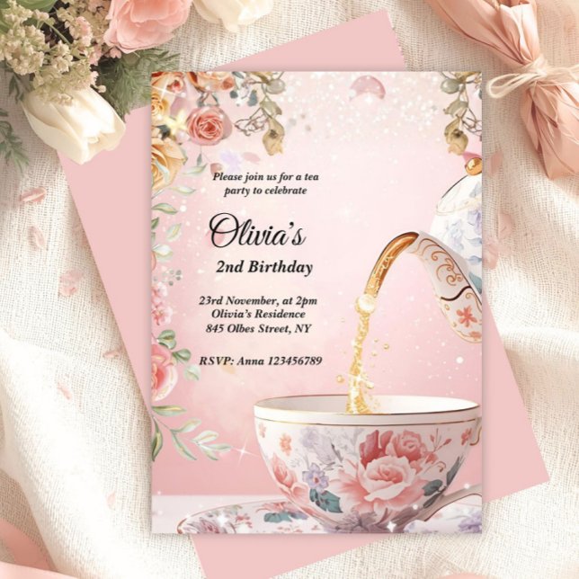 Convites Whimsical Pink Tea Party Floral Birthday  (garden tea party, pink tea party invitation, kids birthday invitation, spring tea party, glittery te)