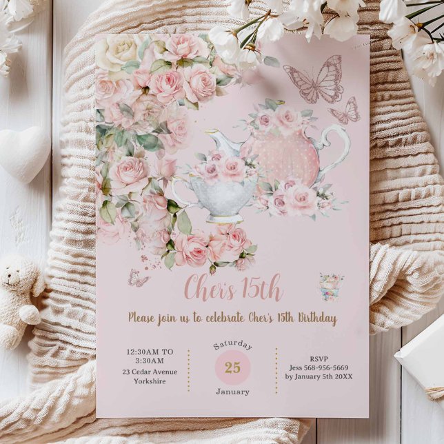 Convites Whimsical Princess Fairytale Castle Pink Birthday (shabby chic blush pink roses floral high tea party birthday baby shower bridal invitation cards )