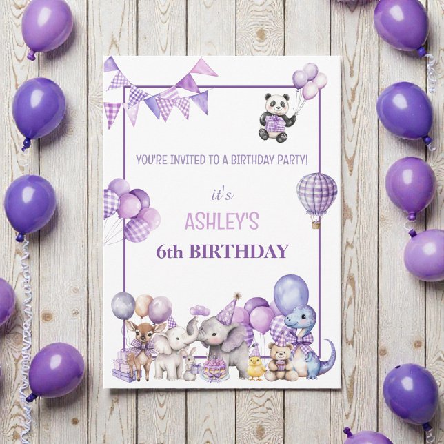 Convites Whimsical Purple Animals Birthday  Invitation (Criador carregado)