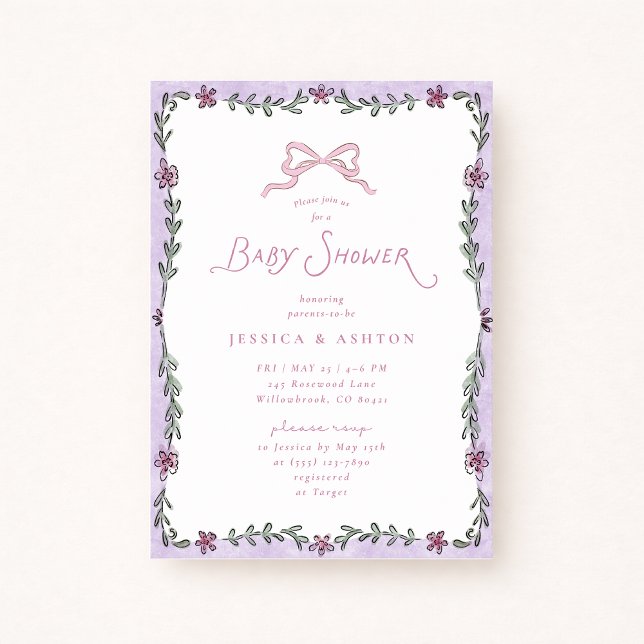 Convites Whimsical Purple Floral Frame Baby Shower  (Criador carregado)