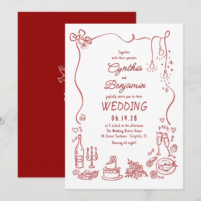 Convites Whimsical Quirky Funky Hand Drawn Wedding (Frente/Verso)