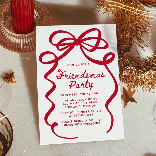 Convites Whimsical Red Bow Friendsmas Christmas Party (Criador carregado)