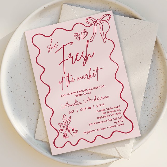 Convites Whimsical Red Fresco Do Chá de panela De Mercado (Fresh off the Market Bridal Shower Invitation, Whimsical Market Farmers Bridal Shower Invitation )