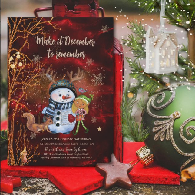 Convites Whimsical Red Gold Snowman Elf Squirrel Christmas (Whimsical Red Gold Snowman Elf Squirrel Christmas Invitation)