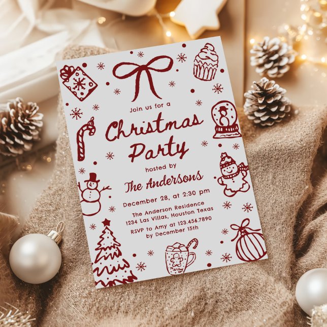 Convites Whimsical Red Hand Drawn Quirky Christmas Party (Criador carregado)