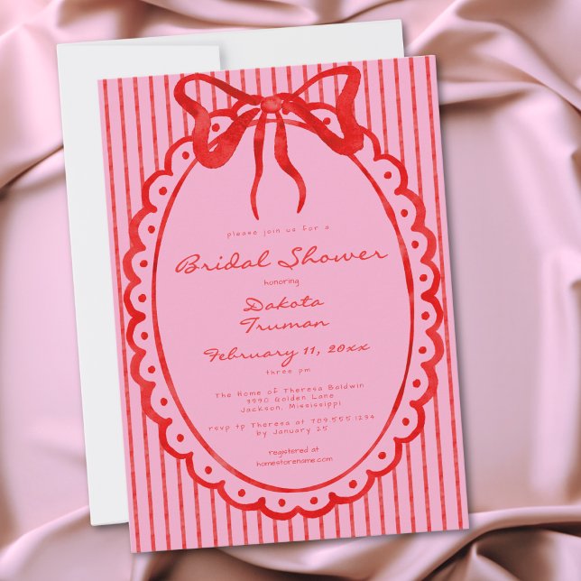 Convites Whimsical Red Pink Bow Stripe Bridal Shower (Whimsical Red Pink Bow Stripe Bridal Shower Invitation)