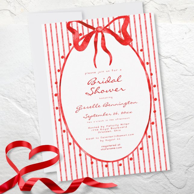 Convites Whimsical Red Watercolor Bow Stripe Bridal Shower (Whimsical Red Watercolor Bow Stripe Bridal Shower Invitation)